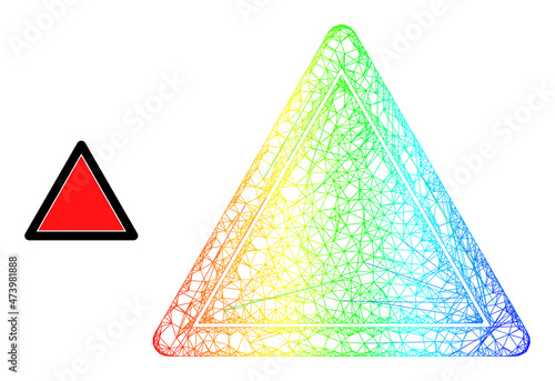 Net mesh danger triangle template carcass icon with spectrum gradient. Colored carcass net danger triangle template icon. Flat mesh created from danger triangle template icon and crossed lines.