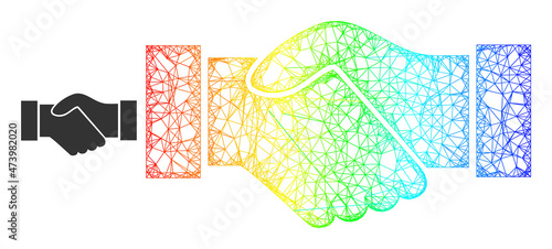 Mesh net deal handshake carcass icon with rainbow gradient. Vibrant carcass network deal handshake icon. Flat carcass created from deal handshake icon and intersected lines.