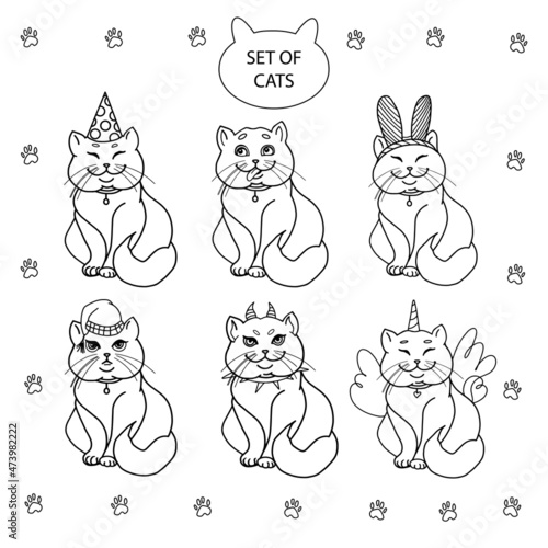 Set of cats. Funny, cute cats. Cat vector icon set. Children's illustration for coloring pages, prints, stickers, postcards, textiles. Design element. Vector illustration. Isolated on white background