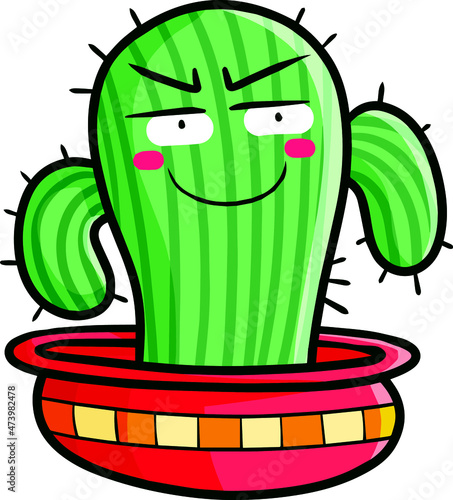 Funny macho cactus character in a red yellow pot