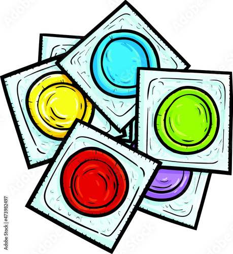 Funny colorful condoms packaging in cartoon style