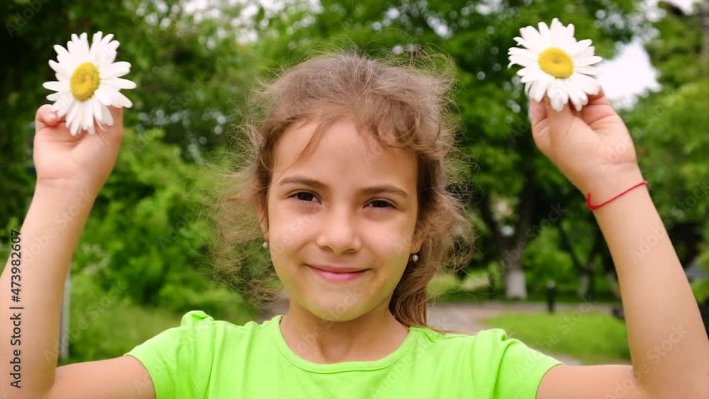 The child plays with daisies flowers. Selective focus. The child plays with daisies flowers. Selective focus.