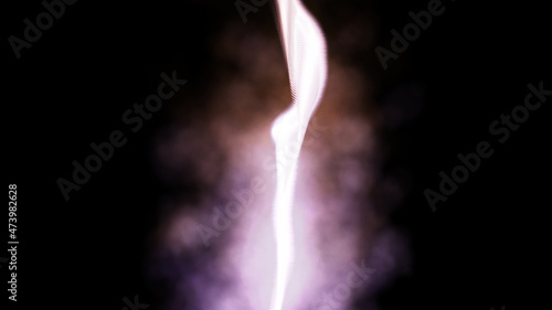 Futuristic light vertical fire flames on a background of smoke. Reminds of an eternal flame. 3D. 4K. Isolated black background.