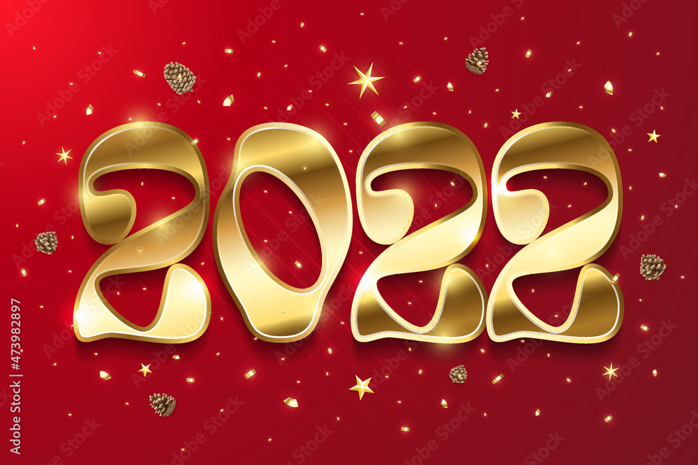 Happy New Year 2022 golden logo text design. Vector illustration concept for background, brochure design template, greeting card, party invitation, website banner, social media banner Happy New Year 2022 golden logo text design. Vector illustration concept for background, brochure design template, greeting card, party invitation, website banner, social media banner