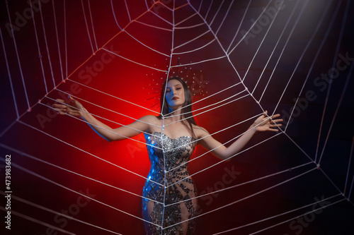 Fantasy photo of spider-queen woman in shiny silver dress, touching large cobweb with hands. Carnival costume black widow royal crown. Girl princess fashion model posing in studio red light background