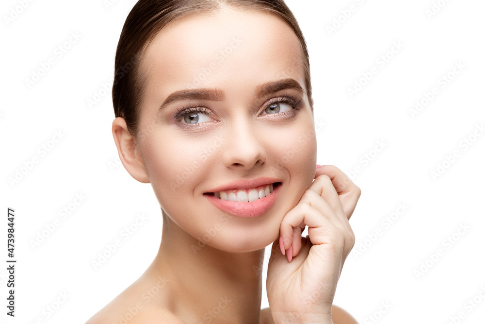 Beautiful Young Woman with Clean Fresh Skin isolated on white background Beautiful Young Woman with Clean Fresh Skin isolated on white background