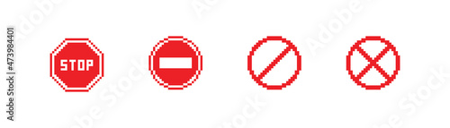 Red STOP sign pixel icon. 8 bit do not enter buttor. Road sign. Vector flat