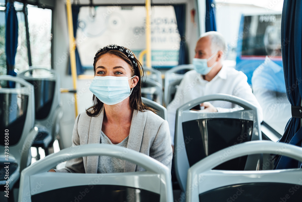 Young woman in protective mask traveling in the bus