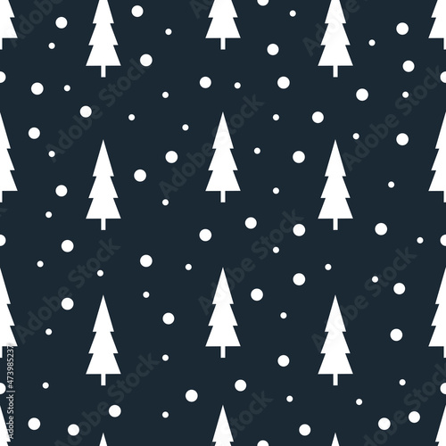 Minimalistic seamless pattern with Christmas trees and snow on a dark blue background. Abstract vector Scandinavian pattern with geometric Christmas trees. Wrapping paper, posters, fabric.