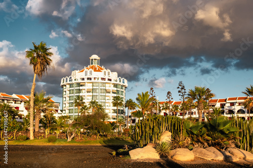Hotel resort in concrete in Playa los Americas on Tenerife, Spain