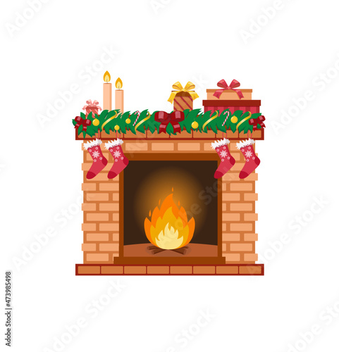 Cozy Christmas interior - fireplace decorated with a garland, socks and gifts. New Year and Christmas Celebration