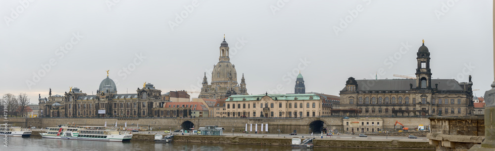 View of Bruhl Terrace from Augustus Bridge, Dresden, Saxony, Germany.