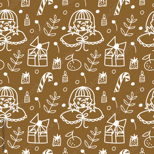 Seamless vector pattern with white Christmas illustrations on a kraft background.Winter,festive hand drawn doodle style print.Designs for textiles,fabric,wrapping paper,packages,scrapbooking paper.