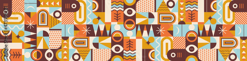 Geometric, abstract, colorful, vintage and summery pattern. Fun and dynamic banner for LinkedIn. Game or puzzle of graphic and retro shapes.