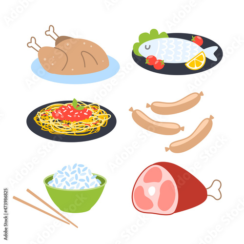 Set of cartoon food icons isolated on white background