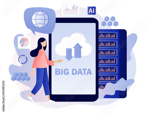 Big data - text on smartphone screen. Data science and jobs. Data analysis. Tiny woman data engineers. Developer career. Modern flat cartoon style. Vector illustration on white background