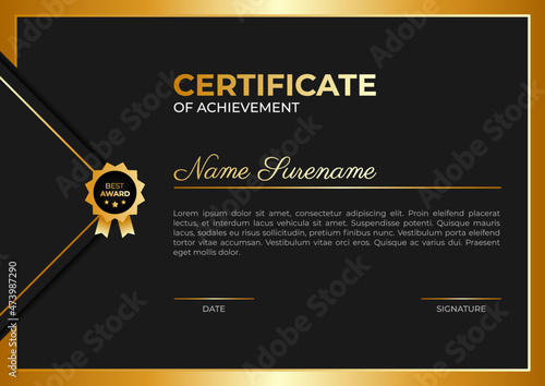 Certificate of achievement template. black and gold color. Trendy certificate design