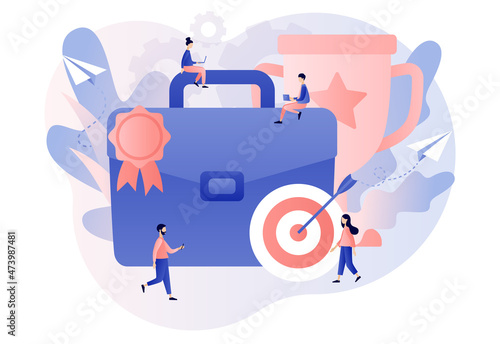 HR recognition concept. Best employees and specialists with great reputation. Business success. Tiny people professional. Modern flat cartoon style. Vector illustration on white background