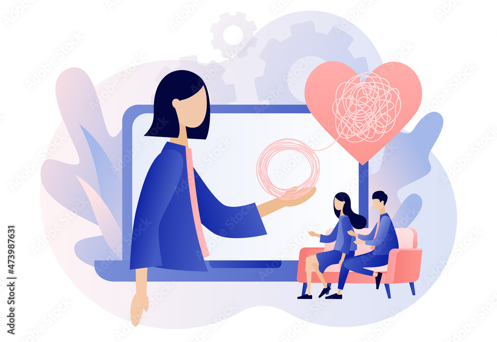 Fototapeta premium Family psychologist. Male and female psychology. Tiny couple decides mental problems on private online counseling. Psychotherapy. Psychological help. Modern flat cartoon style. Vector illustration