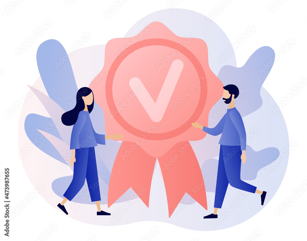 Quality mark. Guarantee. Quality check and control. Tiny people choice premium product. Evaluation, expertise and inspection for errors. Modern flat cartoon style. Vector illustration Quality mark. Guarantee. Quality check and control. Tiny people choice premium product. Evaluation, expertise and inspection for errors. Modern flat cartoon style. Vector illustration