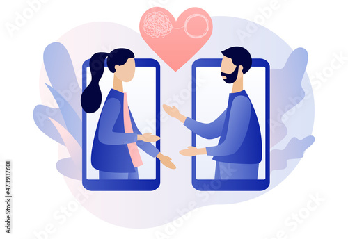 Family psychologist. Male and female psychology. Tiny couple decides mental problems online. Psychotherapy. Psychological help. Modern flat cartoon style. Vector illustration on white background