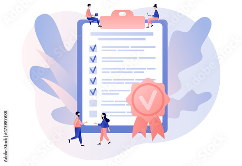 Quality guarantee. Quality check and control. Evaluation, expertise and inspection for errors. Tiny people choice premium product. Modern flat cartoon style. Vector illustration on white background