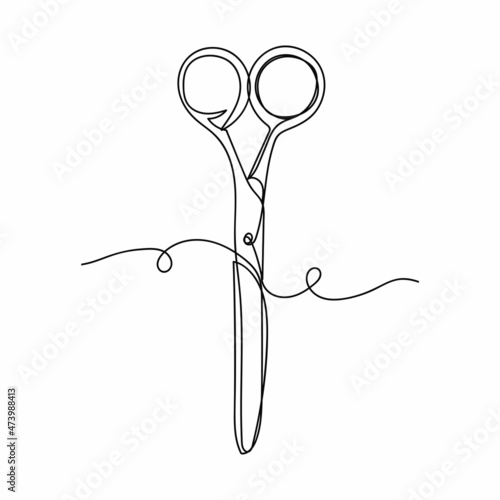 Vector abstract continuous one single simple line drawing icon of scissors in silhouette sketch on white background.