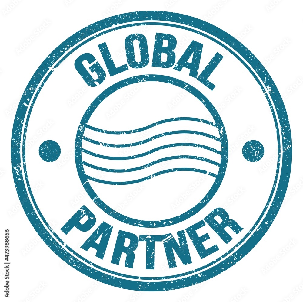 GLOBAL PARTNER text on blue round postal stamp sign GLOBAL PARTNER text on blue round postal stamp sign