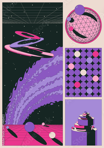 Abstract Space Illustration, Geometric Shapes, Perspective Grid, Vintage Colors