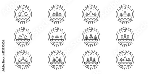 set of pines tree logo line art simple vector illustration template icon graphic design. bundle collection of various minimalist shape pine symbol of nature with badge and typography style