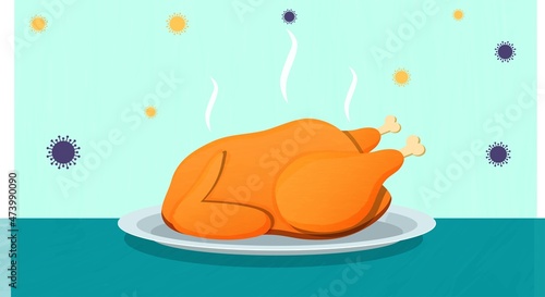 Chicken on Plate Surrounded by Virus Particles Vector