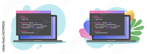 Programming php code vector on computer screen or coding html or java script on laptop pc flat cartoon illustration