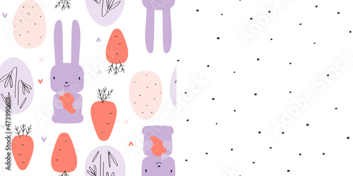 Bunny vector seamless pattern for baby fabric  bedding textile print. Pink  lilac and orange different images on white background  inspired by Easter traditions.