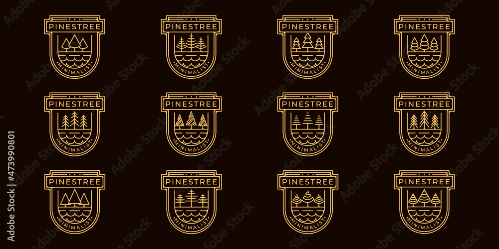 set of pines tree logo line art simple vector illustration template icon graphic design. bundle collection of various minimalist shape pine symbol of nature with badge and typography style