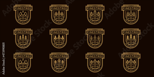 set of pines tree logo line art simple vector illustration template icon graphic design. bundle collection of various minimalist shape pine symbol of nature with badge and typography style