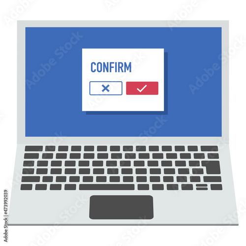 記号のボタンで確認画面を表示するノートパソコン アイソメトリック ベクターイラスト 正面向き