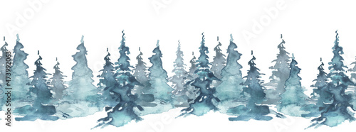 Seamless watercolor linear pattern  border. Blue spruce  pine  cedar  larch  abstract forest  silhouette of trees. On white isolated background. Landscape scene for Christmas cards  banners. Holiday 