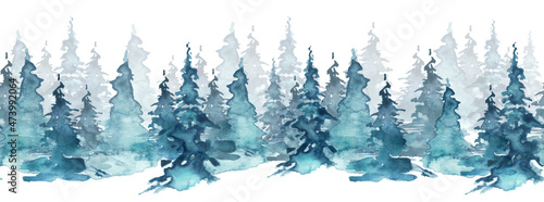Seamless watercolor linear pattern, border. Blue spruce, pine, cedar, larch, abstract forest, silhouette of trees. On white isolated background. Landscape scene for Christmas cards, banners. Holiday  © helgafo