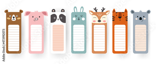 Cartoon kawaii baby bear, pig, tiger, panda. Animal head set. Bookmark paper sticker collection