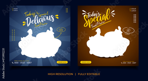 Set of food social media templates. with editable element and blue, yellow, white color. And trendy geometric shape