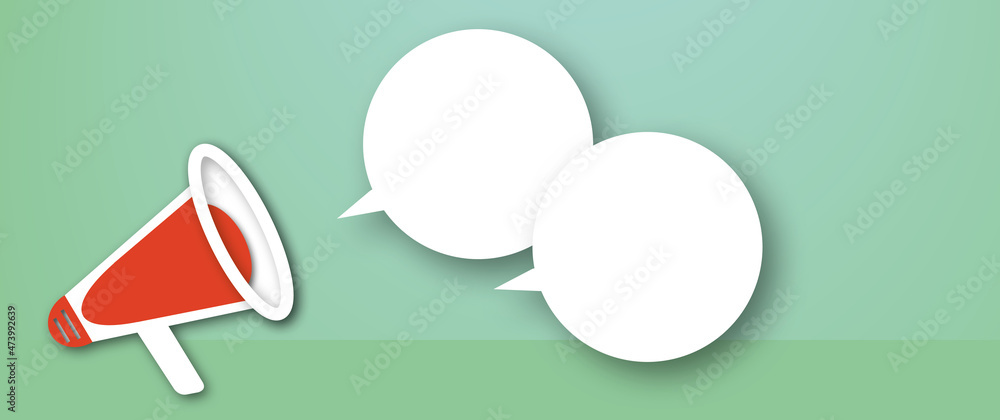 Red megaphone with white speech card on pastel green background, Concept of advertising, Banner, Business, sale concepts, space for the text, paper cut design style. Red megaphone with white speech card on pastel green background, Concept of advertising, Banner, Business, sale concepts, space for the text, paper cut design style.