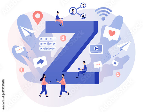 Generation Z. Progressive young teens using technology and gadget to communicate. Internet culture. New and modern demography trend. Online lifestyle. Modern flat cartoon style. Vector illustration 