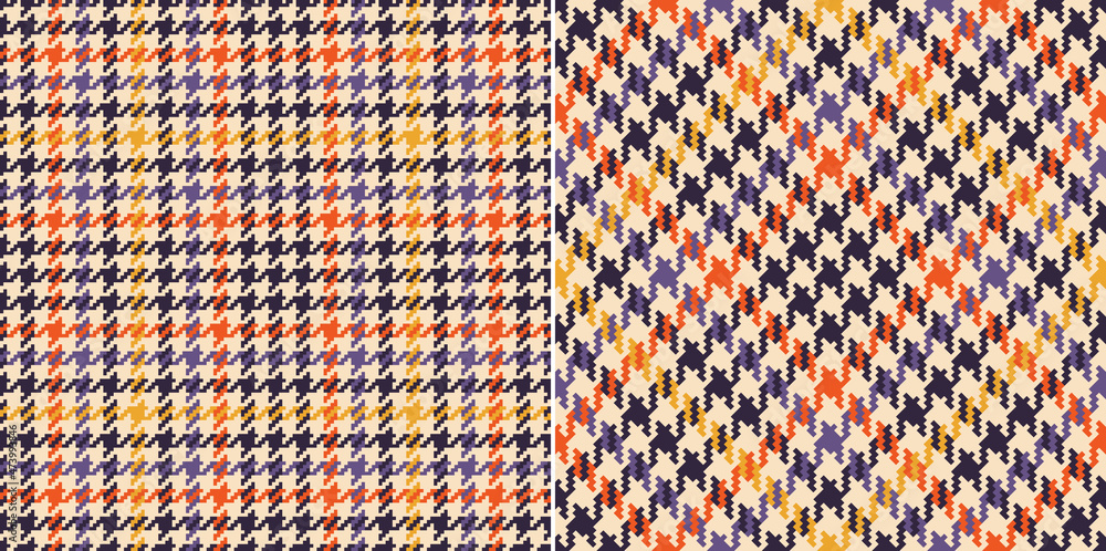 Tweed check plaid pattern set in beige, orange, yellow, purple. Seamless pixel textured multicolored houndstooth tartan for dress, jacket, scarf, other modern spring autumn winter fashion fabric.