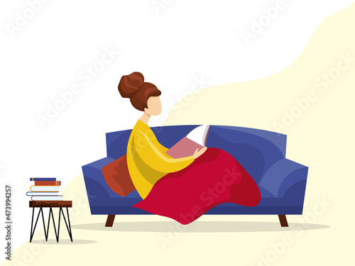 Woman reading book while sitting at sofa. Learning and literacy day concept. Cute vector illustration in flat cartoon style