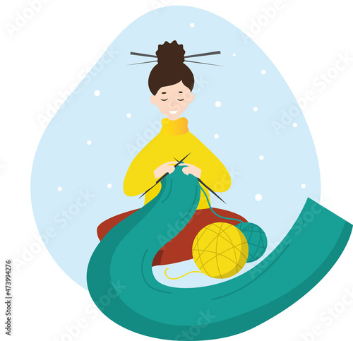 Happy creative woman knitting . Hobby courses or workshops for learning knitting. Stay home activity, quarantine concept. Flat illustration.