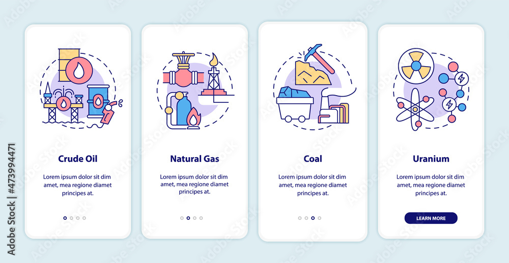 Types of nonrenewable energy sources onboarding mobile app page screen. Ecology walkthrough 4 steps graphic instructions with linear concepts. UI, UX, GUI template. Myriad Pro-Bold, Regular fonts used