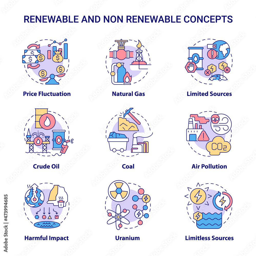 Renewable and non renewable energy icons set. Types of power resources idea thin line color illustrations. Isolated outline drawings. Editable stroke. Roboto-Medium, Myriad Pro-Bold fonts used