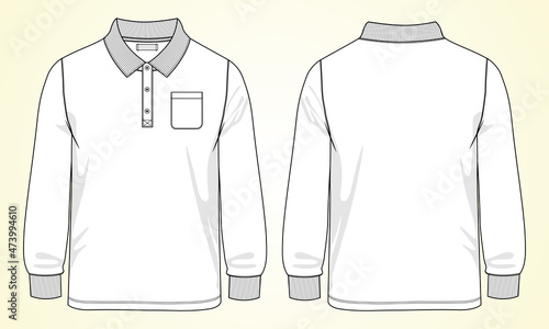 Long sleeve Polo shirt with pocket technical fashion flat sketch vector illustration template front and back views.
