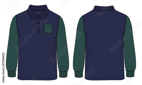 Two tone Navy, Green Color Long Sleeve With Pocket Polo Shirt Technical Sketch Vector Illustration Drawing Template Front and Back Views. Apparel Clothing Design Mock up Cad.