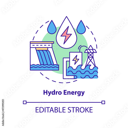 Hydro energy concept icon. Hydroelectric power station. Natural energy abstract idea thin line illustration. Isolated outline drawing. Editable stroke. Roboto-Medium, Myriad Pro-Bold fonts used